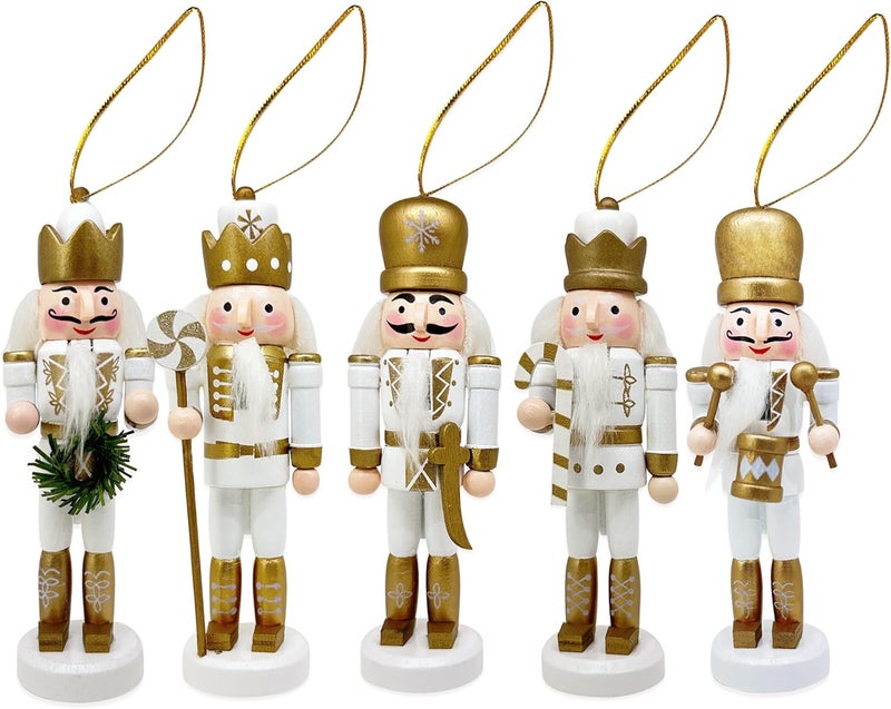 MicoSim Mini Nutcrackers Figures Wooden Christmas Decor, Hanging Nutcracker Ornaments for Xmas Tree, Wood Nut-Crackers Christmas Decorations for Festival Party (Gold, 5PCS) - Image 1